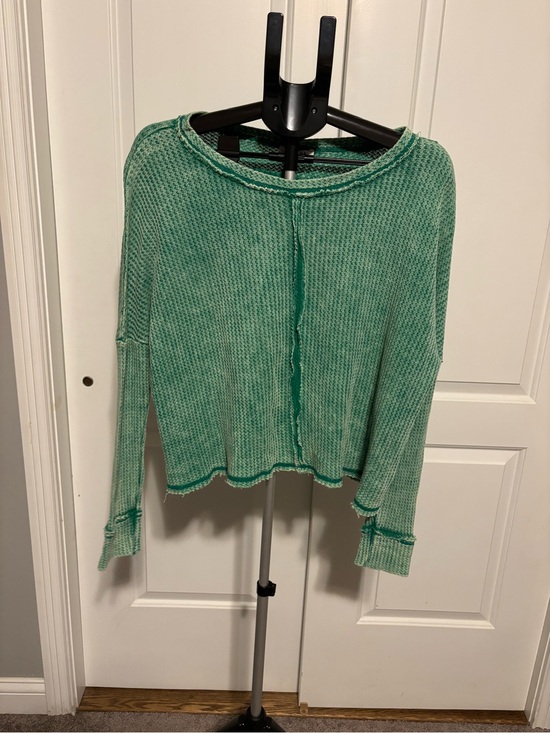 Zenana Outfitters Sweaters - Zenana Outfitters Teal-Green Washed Waffle Crewneck Sweater